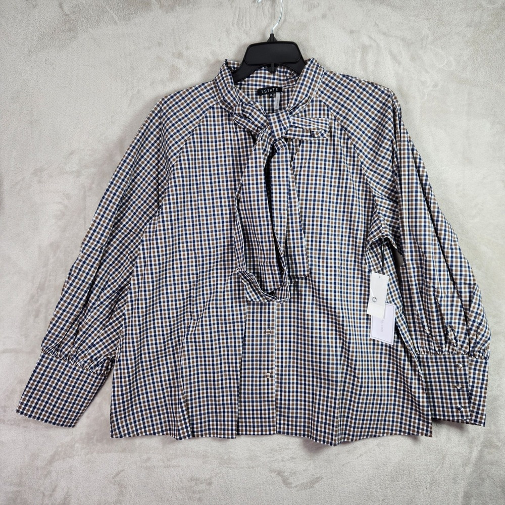 1.STATE Tie Neck Blouse Womens XL Rich‎ Black Gingham Check Long Sleeve Office